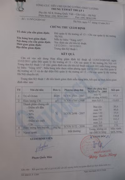 Kết quả kiểm nghiệm mẫu xăng không chì RON 92 được đội QLTT số 13 lấy và mang đi kiểm nghiệm vào ngày 12.12.2011 sau khi có đơn phản ánh của bạn đọc báo GDVN hoàn toàn phù hợp với tiêu chuẩn của Việt Nam.