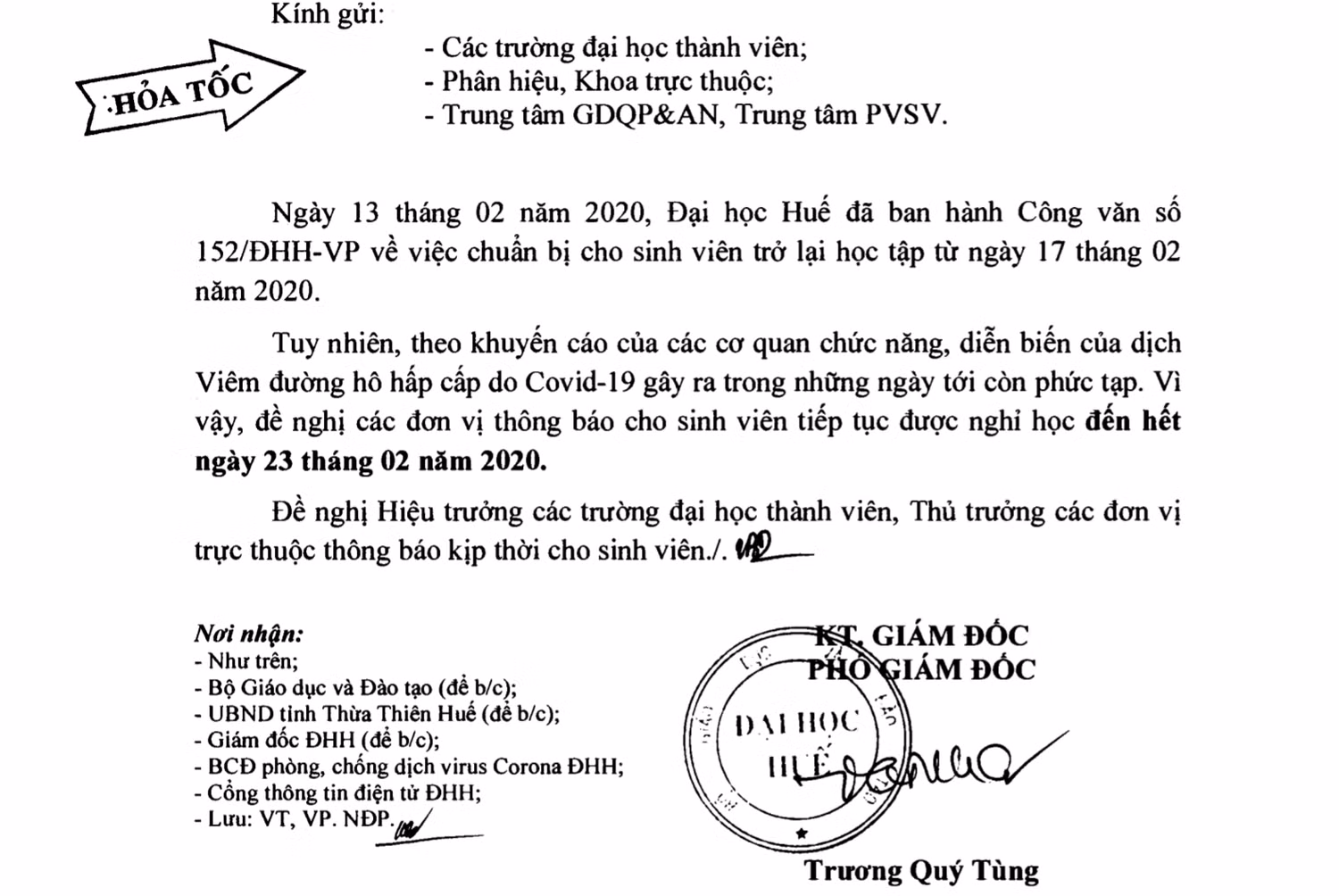 Công văn của Đại học Huế cho học sinh nghỉ học đến hết ngày 23/2. Ảnh: T.Tr