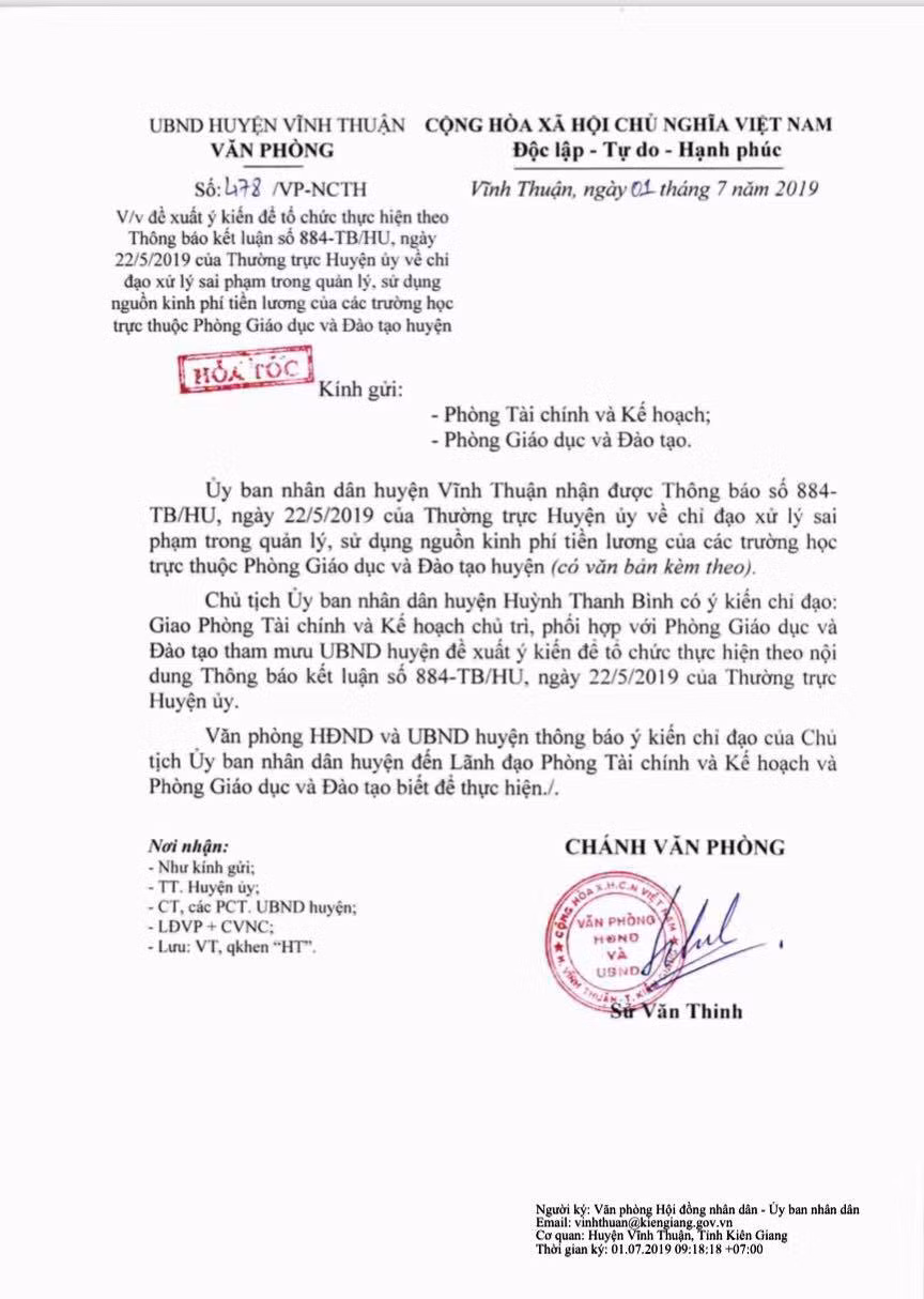 Công văn hỏa tốc của Ủy ban Nhân dân huyện Vĩnh Thuận (Ảnh CTV) Công văn hỏa tốc của Ủy ban Nhân dân huyện Vĩnh Thuận (Ảnh CTV)