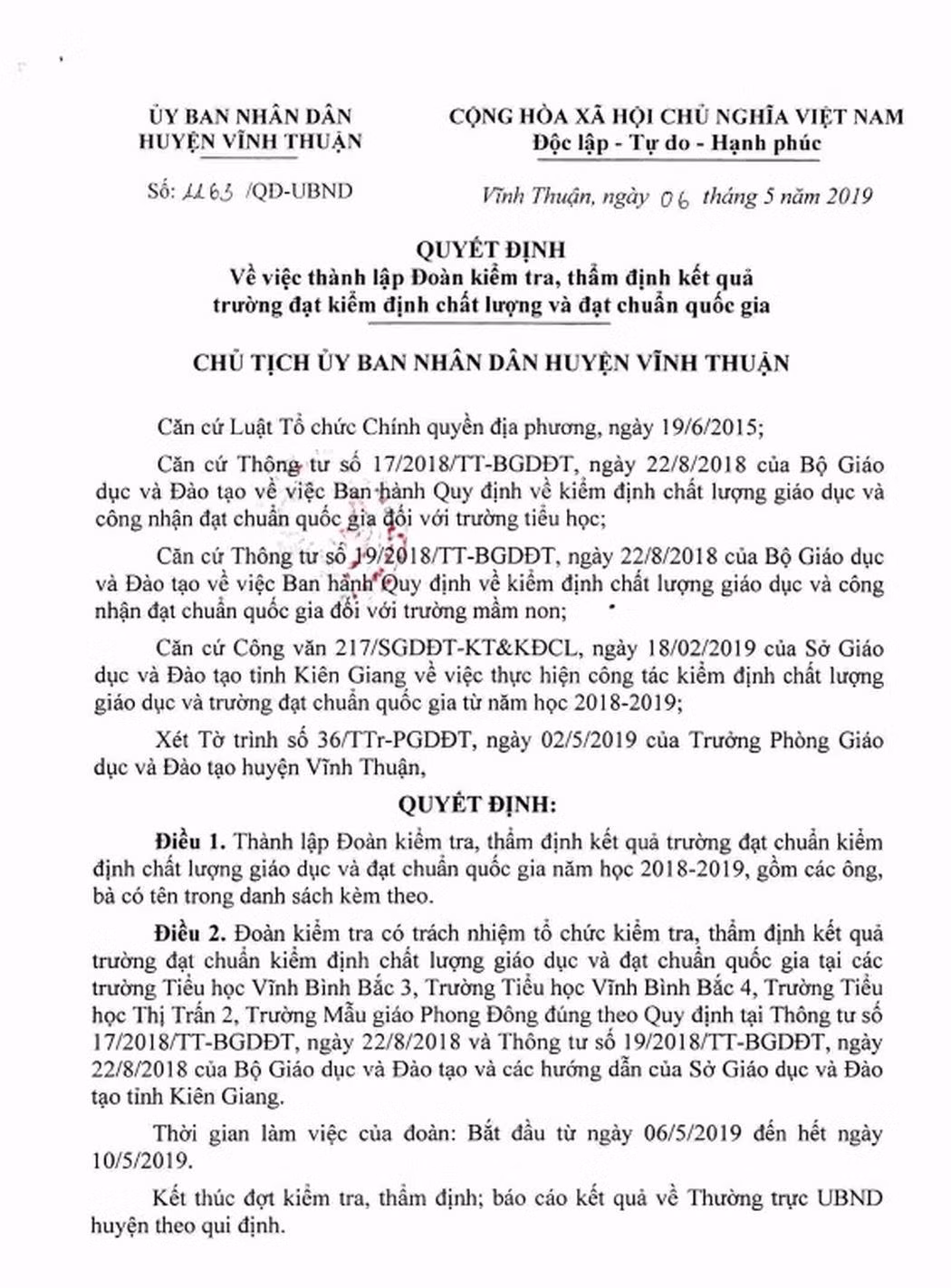 Quyết định số 1163/QĐ-UBND ngày 06/05/2019 của Ủy ban Nhân dân huyện Vĩnh Thuận (Tài liệu tác giả cung cấp) Quyết định số 1163/QĐ-UBND ngày 06/05/2019 của Ủy ban Nhân dân huyện Vĩnh Thuận (Tài liệu tác giả cung cấp)