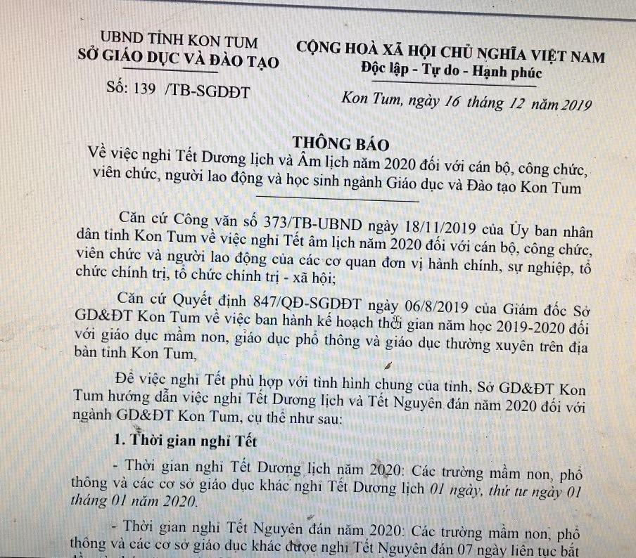 Công văn nghỉ Tết và trực Tết của Sở Giáo dục và Đào tạo Kon Tum (Ảnh CTV) Công văn nghỉ Tết và trực Tết của Sở Giáo dục và Đào tạo Kon Tum (Ảnh CTV)