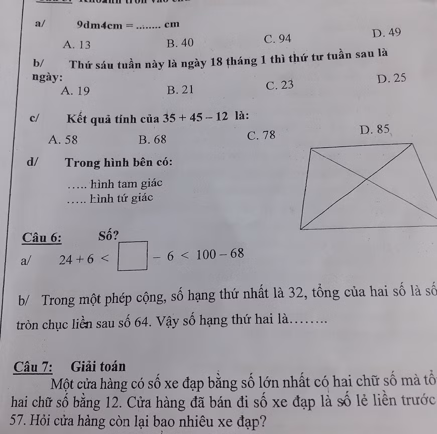 Đề kiểm tra toán lớp 2 vượt chuẩn của một trường tiểu học (Ảnh tác giả)