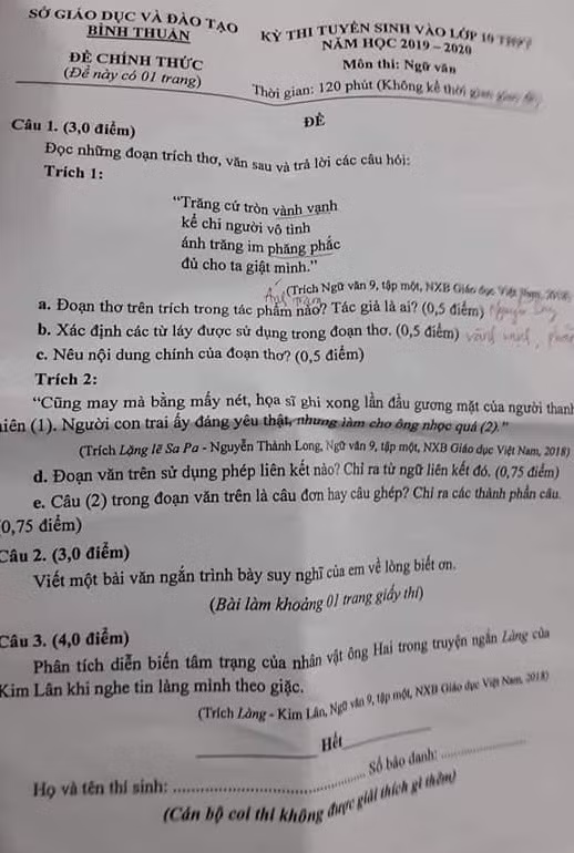 Đề thi văn vào 10 năm học 2019-2020 đang gây tranh cãi tại Bình Thuận (Ảnh CTV)