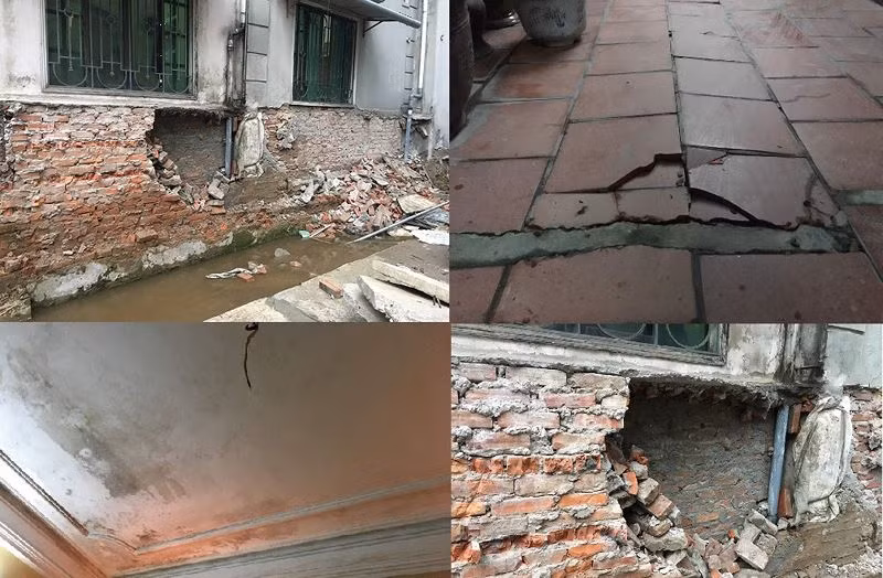 Nhà của nhiều hộ dân liền kề dự án FLC Twin Towers số 265 Cầu Giấy bị hư hỏng, lún, nứt, trần thấm nước. Ảnh: Vũ Phương.