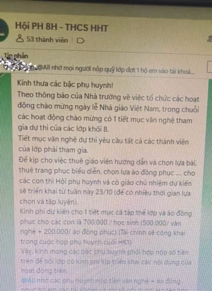Tin nhắn vận động thu 700.000 đồng/ học sinh để phục vụ công tác chào mừng ngày Nhà giáo Việt Nam 20/11. Ảnh chụp màn hình.