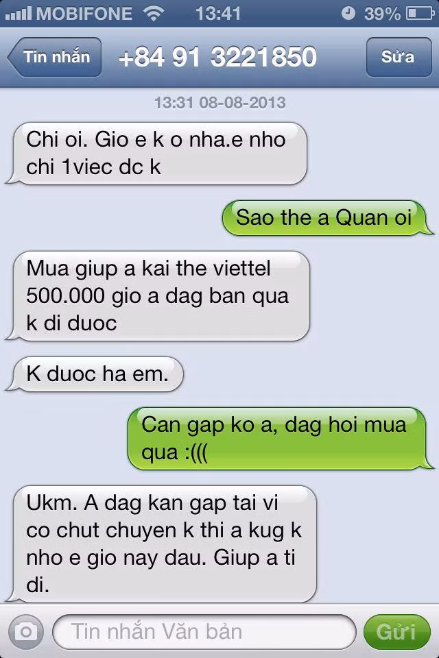 Tin nhắn kẻ gian mượn danh nghĩa Minh Quân để lừa đảo.