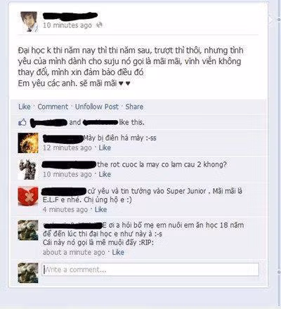 "Tuyên ngôn" của một fan Suju đã khiến chính bạn bè của cậu ta phải sốc. (Ảnh chụp từ màn hình) "Tuyên ngôn" của một fan Suju đã khiến chính bạn bè của cậu ta phải sốc. (Ảnh chụp từ màn hình)
