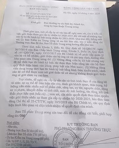 Văn bản 11129 - CV/BTCTW của Ban Tổ chức Trung ương (ảnh: P.L)