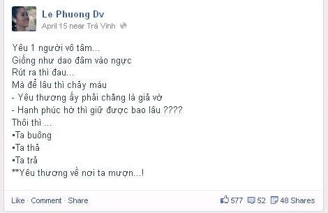 Status tâm trạng gần đây: Thôi thì ta buông, ta thả, ta trả yêu thương về nơi ta mượn...