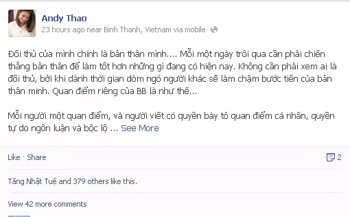 Búp bê biết hát đã có cách xử trí khá khéo léo khi bị đặt lên bàn cân so sánh với Hiền Thục trên trang cá nhân.
