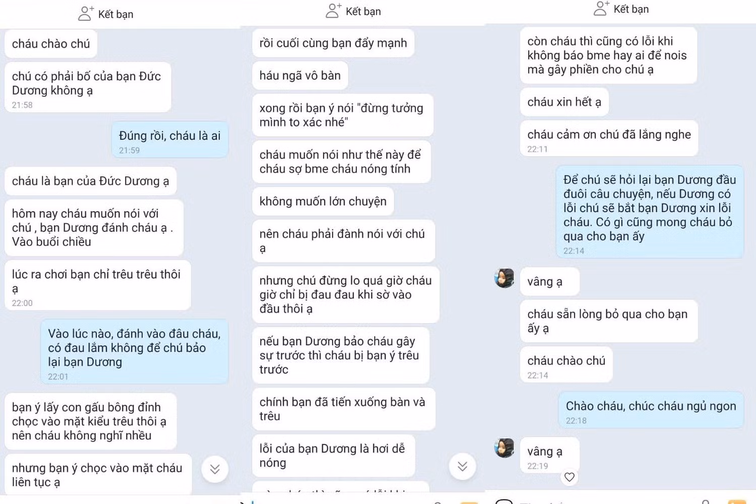 Một đoạn tin nhắn giữa cậu bé lớp 7 bị bạn trêu chọc với phụ huynh của bạn học. (Ảnh: GĐCC).