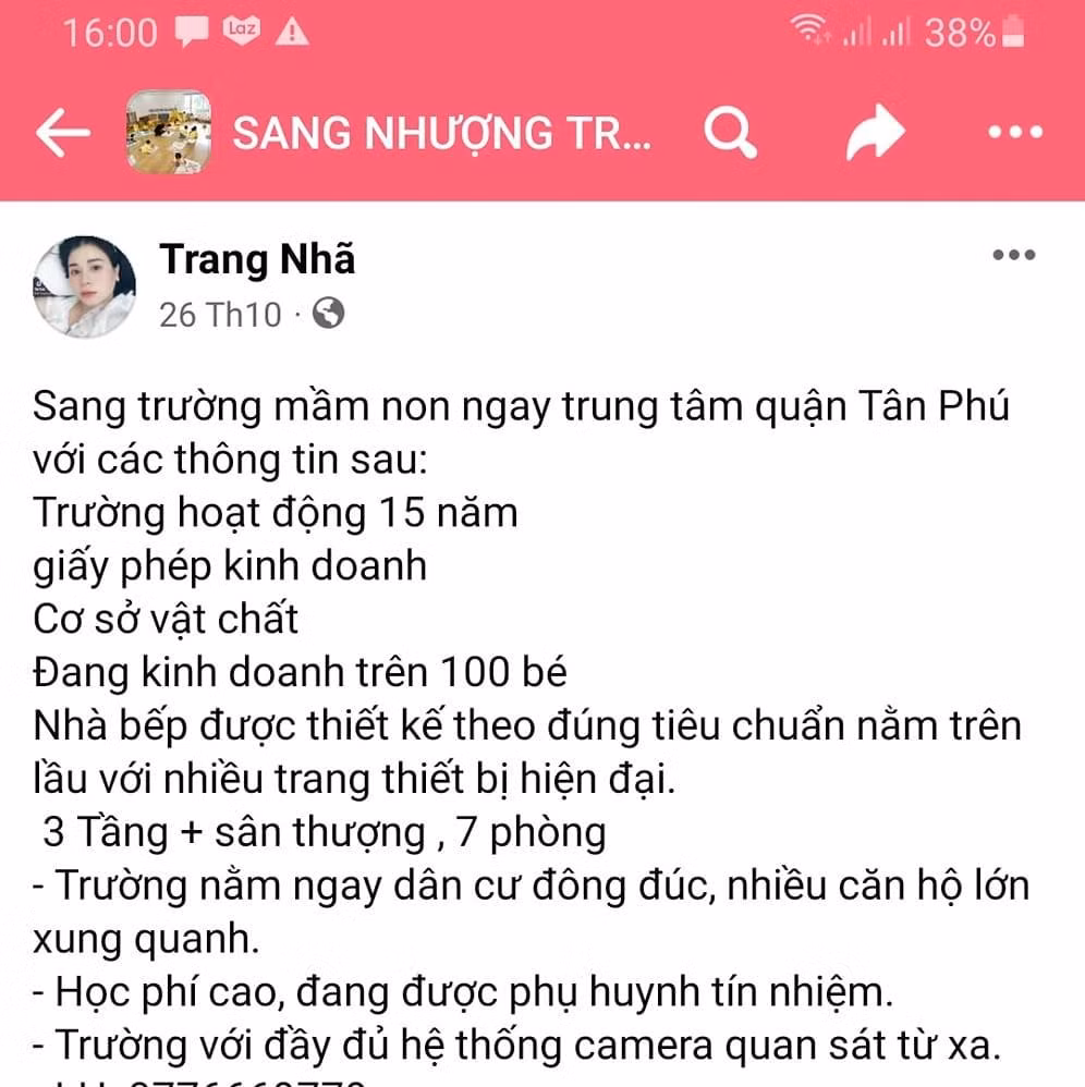 Nhiều trường mầm non tư thục đăng tải công khai sang nhượng trên mạng (ảnh chụp màn hình)