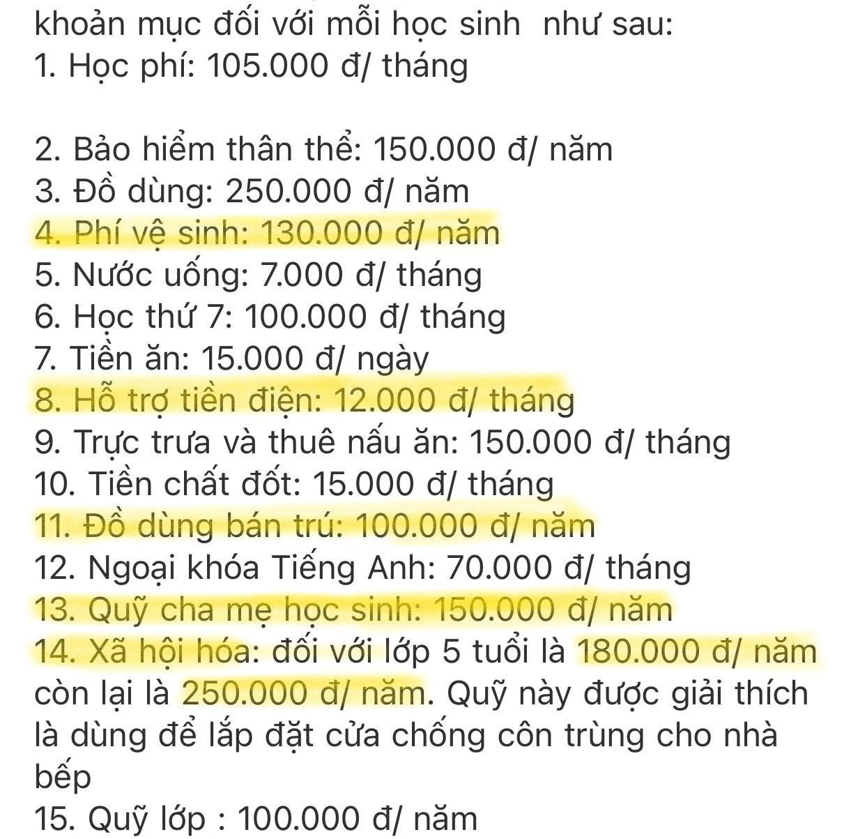 Các khoản thu được tô màu đậm được phụ huynh cho rằng trường mầm non Bình Minh thu vô lý. Ảnh: Phụ huynh cung cấp