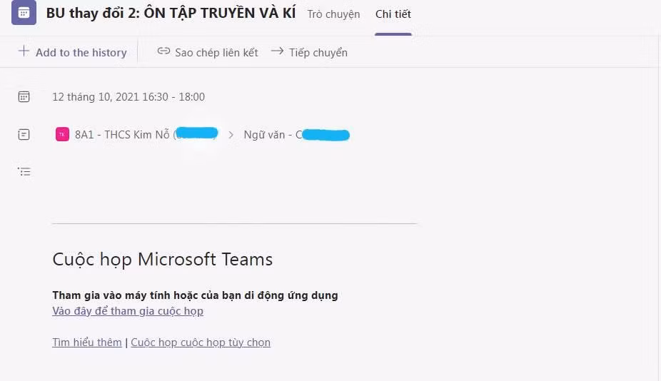 Tương tự lịch học thêm môn Ngữ văn của lớp 8A1 cũng được tạo sẵn trên ứng dụng học trực tuyến của Trường THCS Kim Nỗ, không có trong khung thời gian thời khoá biểu chính khoá. Ảnh: Phụ huynh cung cấp