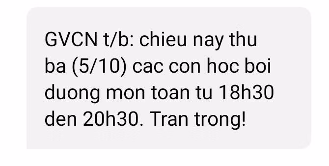 Thông báo về lịch học thêm của giáo viên chủ nhiệm lớp 9A1 gửi. Ảnh: Phụ huynh cung cấp