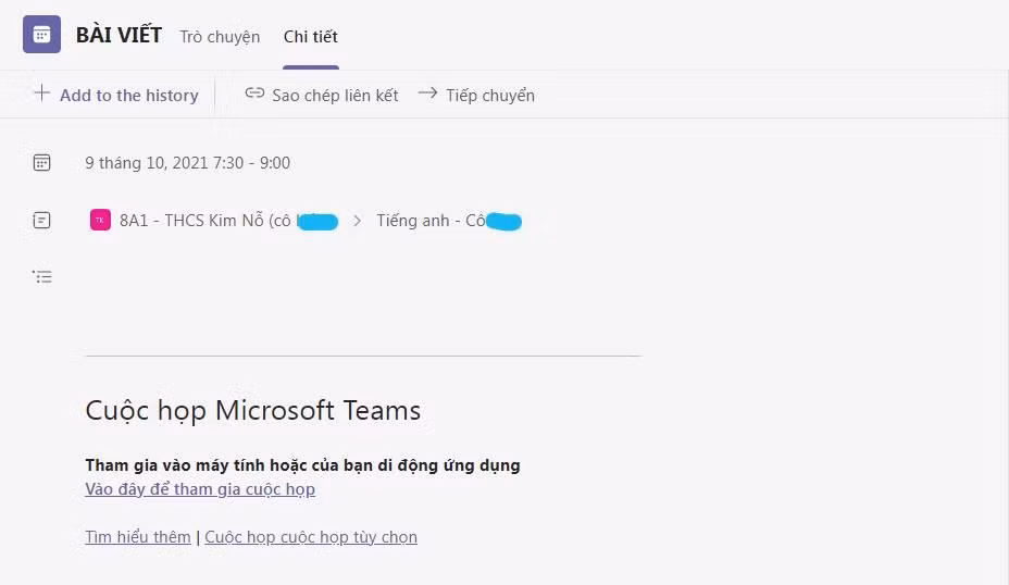 Lịch học thêm tiếng Anh của lớp 8A1, Trường THCS Kim Nỗ được lên lịch vào ngày thứ Bảy trên ứng dụng học trực tuyến của trường, không có trong khung thời gian thời khoá biểu chính thức. Ảnh: Phụ huynh cung cấp