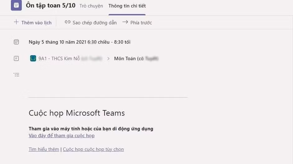 Lịch học thêm của môn Toán có cụ thể ngày giờ được tạo sẵn trên ứng dụng học trực tuyến có mốc thời gian kết thúc vào buổi tối. Ảnh: Phụ huynh cung cấp
