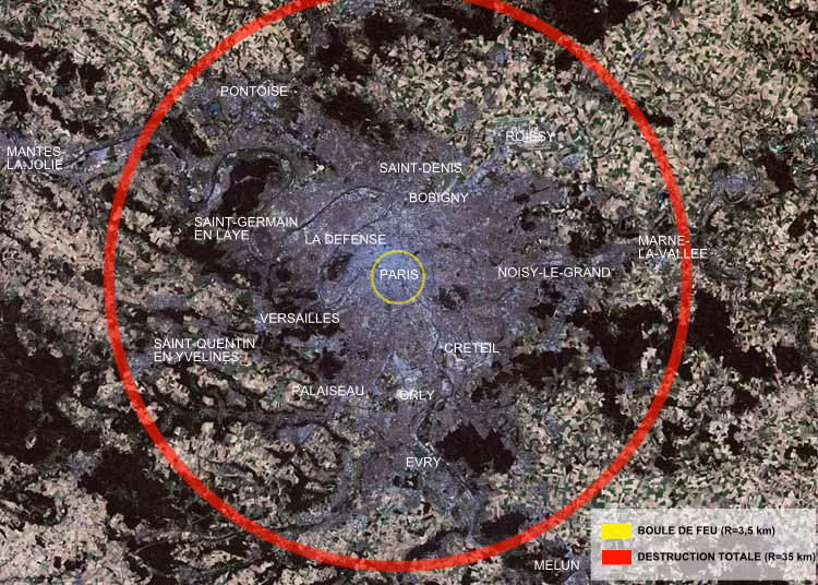 Vùng bị Tsar Bomba phá hoại hoàn toàn (ví dụ – phạm vi lớn hơn bản độ Paris): Vòng đỏ = Bị phá hủy hoàn toàn (bán kính 35 km), vòng vàng = quả cầu lửa (bán kính 3,5 km). Vùng bị Tsar Bomba phá hoại hoàn toàn (ví dụ – phạm vi lớn hơn bản độ Paris): Vòng đỏ = Bị phá hủy hoàn toàn (bán kính 35 km), vòng vàng = quả cầu lửa (bán kính 3,5 km).