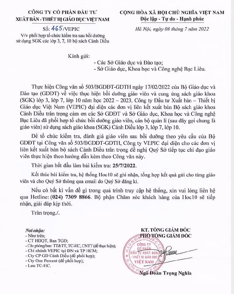 Công văn hướng dẫn làm bài kiểm tra sau tập huấn của các nhà xuất bản (Ảnh chụp từ màn hình) Công văn hướng dẫn làm bài kiểm tra sau tập huấn của các nhà xuất bản (Ảnh chụp từ màn hình)