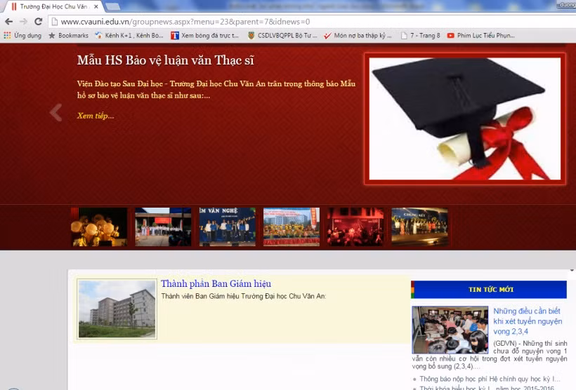 Ảnh chụp màn hình trang web Đại học Chu Văn An ngày 13/11/2015