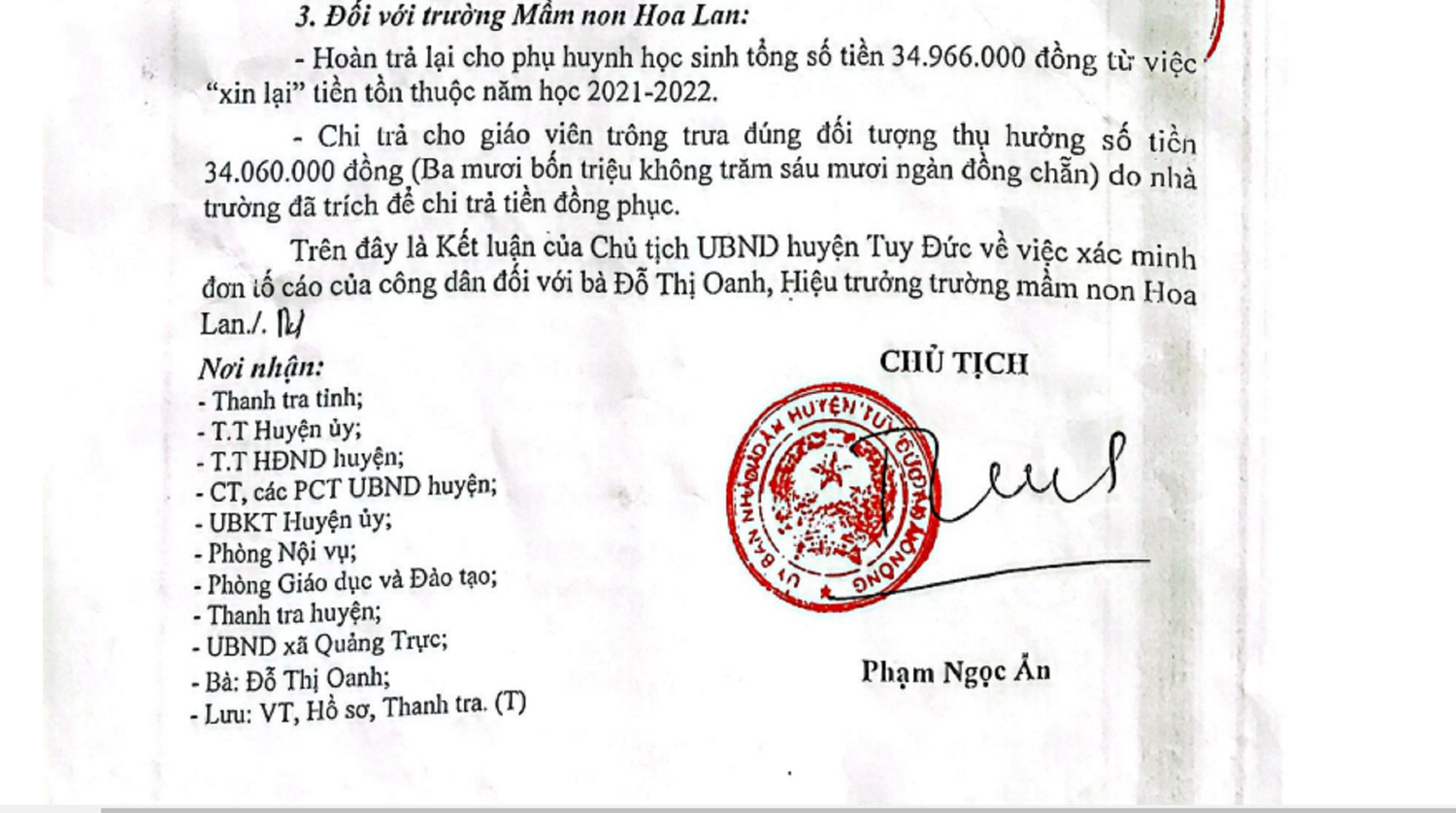 Cơ quan chức năng kết luận nhiều nội dung tố cáo Hiệu trưởng Trường Mầm non Hoa Lan sai phạm là có thật và yêu cầu xử lý. Ảnh: AN