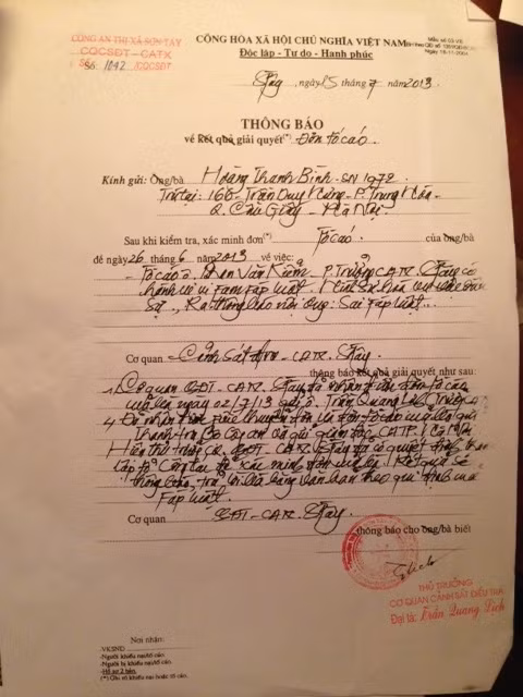 Thông báo về việc giải quyết đơn tố cáo của bà Hoàng Thanh Bình Thông báo về việc giải quyết đơn tố cáo của bà Hoàng Thanh Bình