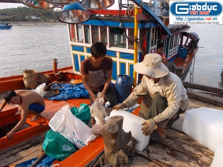 Ngư dân đang cho đá vào khoang tàu chuẩn bị vươn khơi Ngư dân đang cho đá vào khoang tàu chuẩn bị vươn khơi