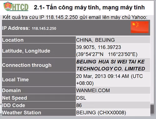 Nguồn gốc tấn công vào email của lãnh đạo Cục Cảnh sát phòng chống tội phạm sử dụng công nghệ cao được xác định đến từ Trung Quốc - Nguồn: Đại tá Trần Văn Hòa