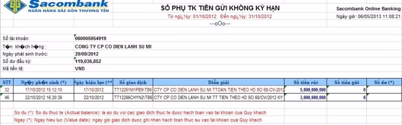 Phiếu chuyển số tiền 8 tỷ đồng của công ty Sumikura qua ngân hàng Sacombank đến ông bầu Phước Sang, chia thành 2 đợt: 1 đợt 3 tỷ vào ngày 17/10/2012 và 5 tỷ vào ngày 22/10/2012.