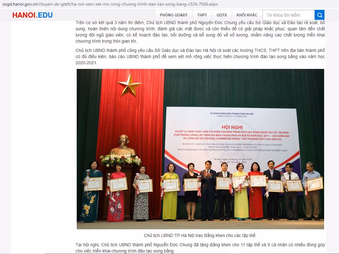 Ảnh chụp màn hình phần phát biểu chỉ đạo mở rộng mô hình song bằng sang các trường trung học cơ sở, trung học phổ thông có đủ điều kiện.