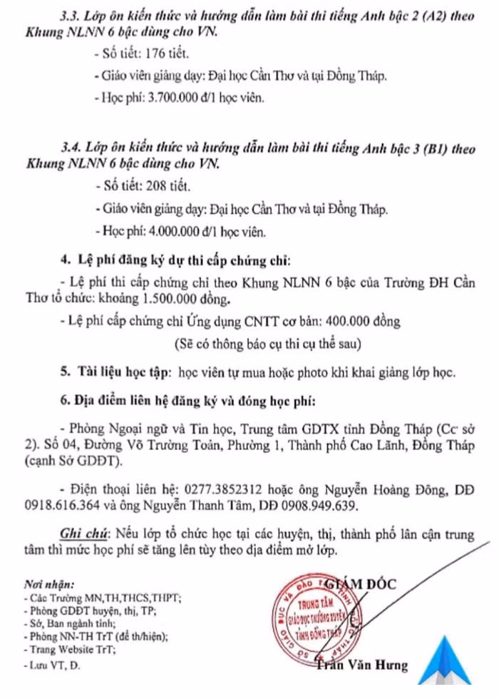 Bảng báo giá của Trung tâm giáo dục thường xuyên tỉnh Đồng Tháp (Ảnh: Nguyễn Nguyên).