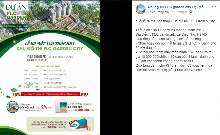 Theo quảng cáo, buổi lễ ra mắt tòa nhà HH-01 dự án FLC Garden City vừa diễn ra ngày 23/9. Ảnh: FB FLC Garden city Đại mỗ.