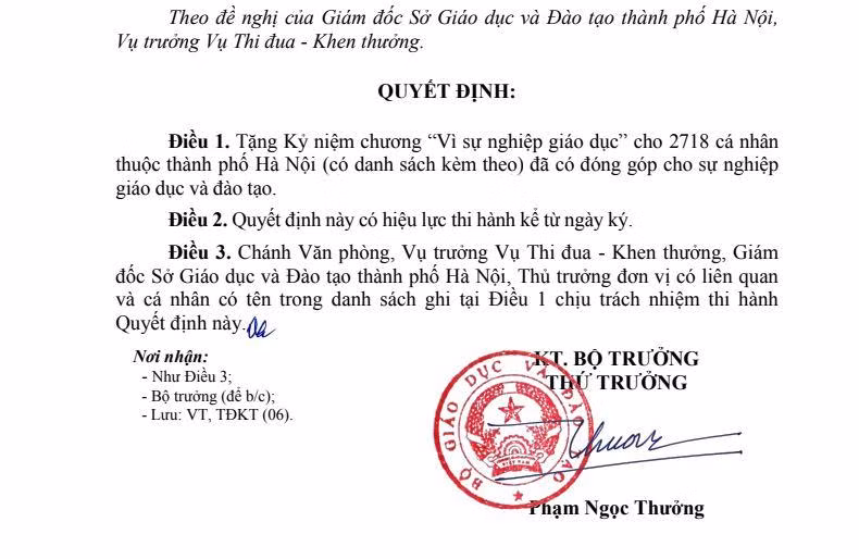 Nhiều thầy cô giáo mong muốn Kỷ niệm chương Vì sự nghiệp giáo dục được trao - nhận trang trọng, xứng đáng với đóng góp của đội ngũ nhà giáo. Hình ảnh chỉ mang tính chất minh họa, chụp màn hình quyết định tặng Kỷ niệm chương Vì sự nghiệp giáo dục của Bộ Giáo dục và Đào tạo, nguồn: hanoi.edu.vn. Nhiều thầy cô giáo mong muốn Kỷ niệm chương Vì sự nghiệp giáo dục được trao - nhận trang trọng, xứng đáng với đóng góp của đội ngũ nhà giáo. Hình ảnh chỉ mang tính chất minh họa, chụp màn hình quyết định tặng Kỷ niệm chương Vì sự nghiệp giáo dục của Bộ Giáo dục và Đào tạo, nguồn: hanoi.edu.vn.