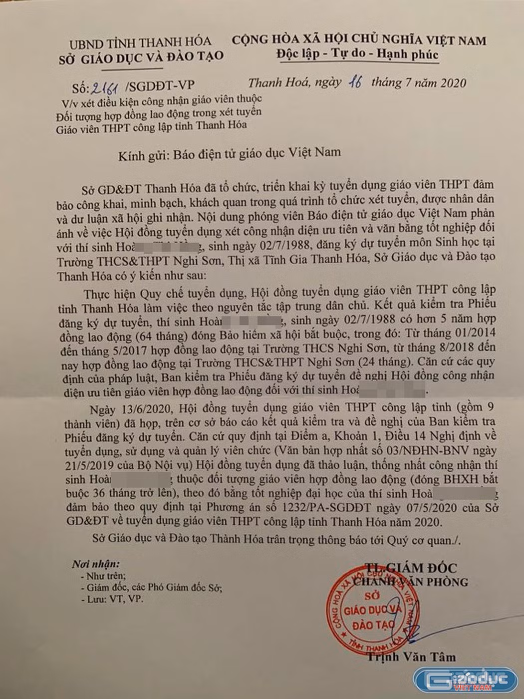 Văn bản trả lời của Sở Giáo dục và Đào tạo Thanh Hóa còn nhiều chỗ chưa thật sự rõ ràng. Ảnh: LC