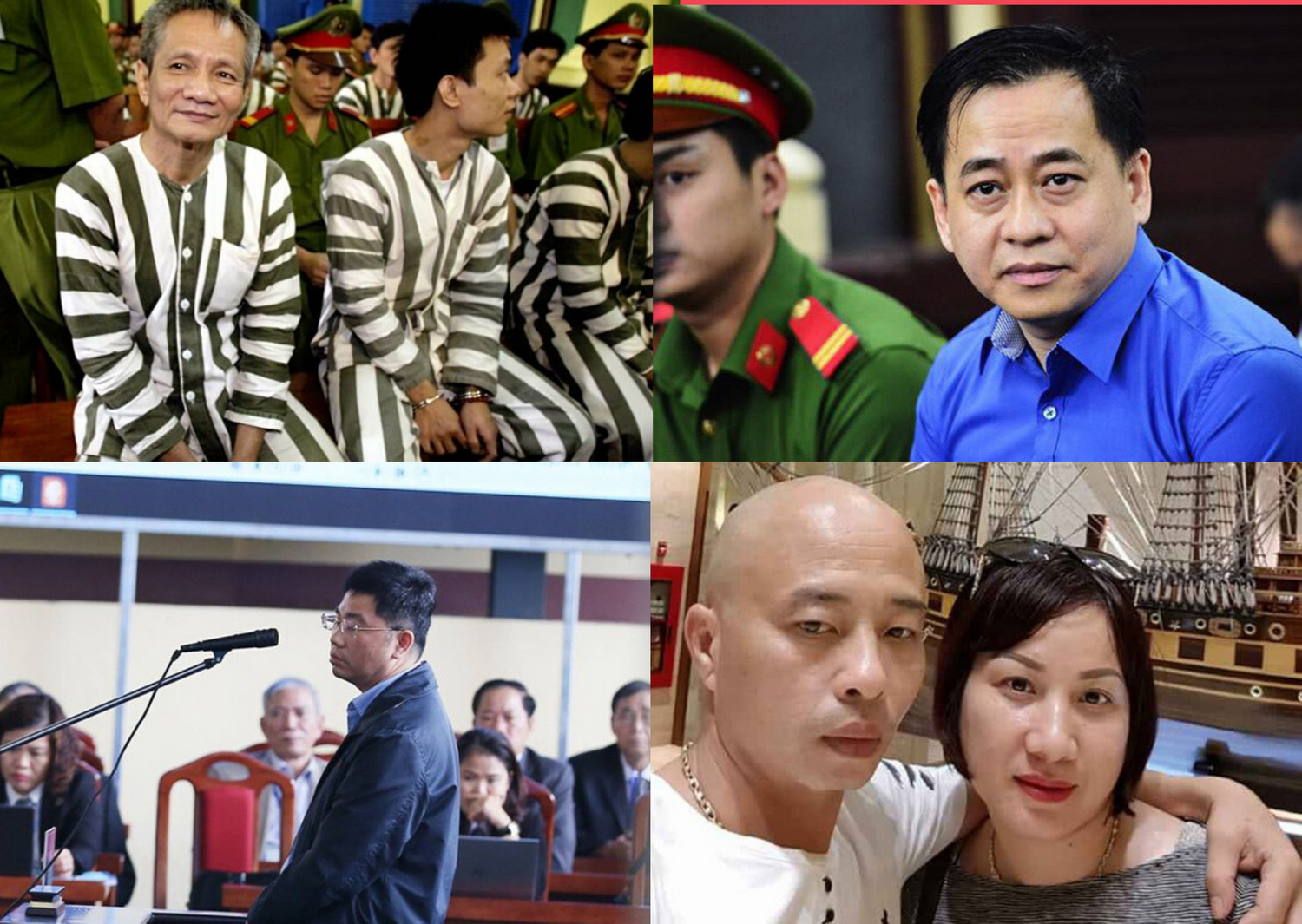 Những tội phạm này có lộng hành được không nếu không có sự bảo kê của quan chức thoái hóa, biến chất (Từ trên xuống: Trương Văn Cam (tức Năm Cam), Phan Văn Anh Vũ, ông Trùm Nguyễn Văn Dương và vợ chồng Nguyễn Văn Đường (Đường Dương) Ảnh tổng hợp từ Báo Công an nhân dân, Dân trí)