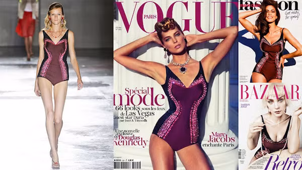 Ba người đẹp: Daria Werbowy (ảnh giữa) chụp cho tạp chí Vogue Paris, Eva Mendes trên Marie Claire (trên cùng bên phải) và Jessica Stam trên Harper Bazaar España, đều diện bodysuit, khoe thân hình 'bốc lửa'.