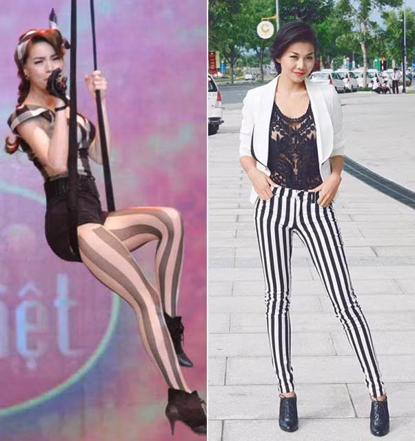 Vẫn chiếc quần skinny kẻ sọc giống như Bảo Anh, nhưng bằng cách kết hợp khác, trông Thanh Hằng thật trẻ trung và cá tính.