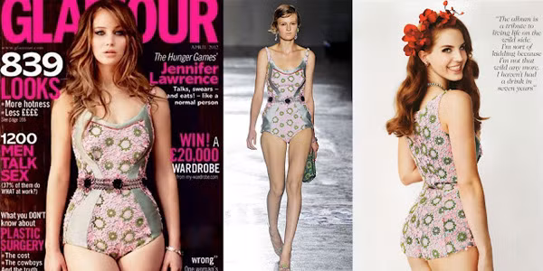 Diễn viên Jennifer Lawrence (trái) diện bộ bodysuit cổ điển xuất hiện trên tạp chí Glamour, Anh, và nữ ca sĩ Lana del Rey (phải) trên tạp chí Vogue, Anh.