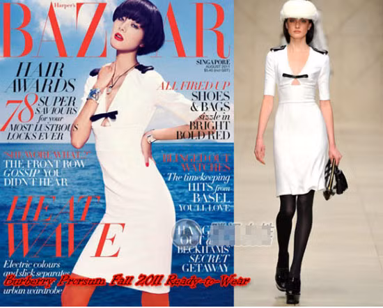 Siêu mẫu Singapore Bùi Bội khoe dáng chuẩn với đầm ôm màu trắng của Burberry-Prorsum Thu 2011 trên tạp chí BAZZAR