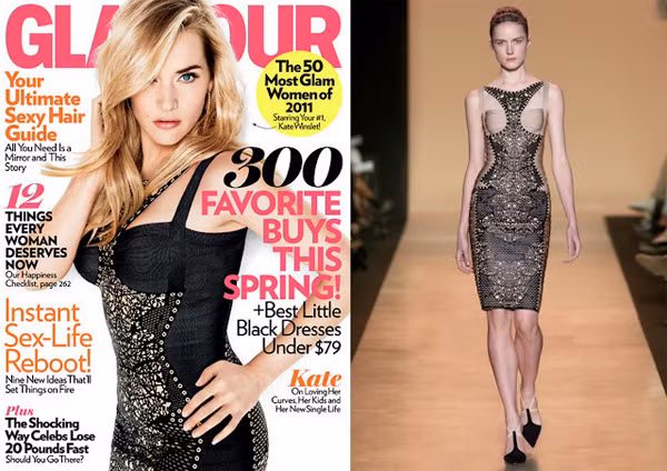 Diễn viên Kate Winslet không bao giờ quên phô diễn vẻ đẹp 'bốc lửa' của mình mỗi lần xuất hiện. Cô khoe được vòng một đầy đặn trong chiếc váy Hervé Léger trên tạp chí Glamour, Mỹ.