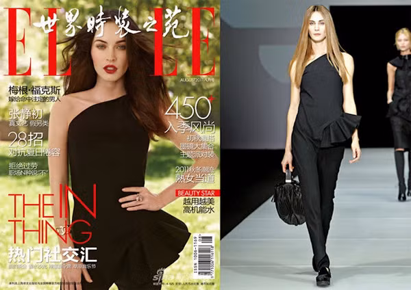'Cô đào gợi cảm' Megan Fox diện bộ jumpsuit của Emporio Armani trên tạp chí Elle, Trung Quốc. Bộ trang phục lệch vai, được thiết kế độc đáo này cho bạn gái khoe được bờ vai thon nuột và 'giấu nhẹm' được vòng ngực nhỏ, vòng eo hơi lớn. Bạn có thể học Megan Fox tô son môi màu để thêm hấp dẫn.
