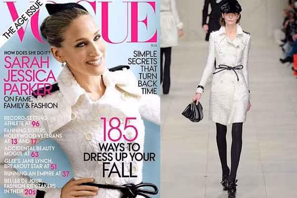 Màu trắng rất hợp với những người có thân hình mảnh mai như Sarah Jessica Parker. Cô trông trẻ hơn tuổi khi xuất hiện trên trang bìa của tạp chí Vogue trong chiếc áo khoác dài màu trắng và thắt lưng da của Burberry Prorsum.