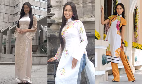 Còn hai bức ảnh bên trái được Hoa hậu mặc trong một dịp ra nước ngoài công tác. Gu thời trang rườm rà, lòe loẹt tiếp tục chi phối cách chọn áo dài của Mai Phương Thúy.