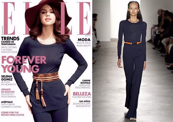 Cô nàng Selena Gomez bỗng chốc 'hóa thành' một quý cô thanh lịch khi diện bộ trang phục màu xanh sẫm của Altuzarra trên bìa tạp chí Elle, Mexico, điểm nhấn là chiếc đai lưng to bản màu ánh kim của Gucci. Với những bộ đồ ôm sát như thế này, các bạn gái tròn trịa nên 'tránh xa'.
