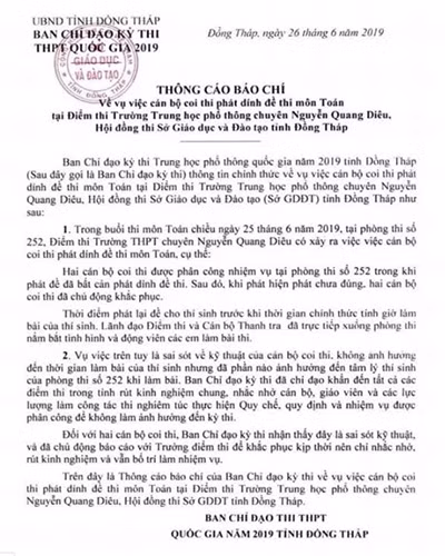 Thông tin chính thức về sự việc của Sở Giáo dục và Đào tạo tỉnh Đồng Tháp (ảnh: CTV) Thông tin chính thức về sự việc của Sở Giáo dục và Đào tạo tỉnh Đồng Tháp (ảnh: CTV)