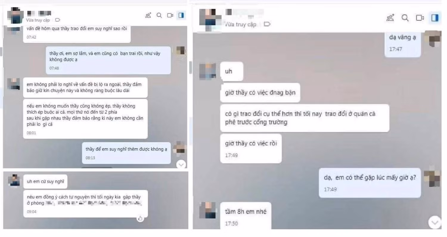 Những dòng tin nhắn có nội dung nhạy cảm được cho là của giảng viên trường Đại học Kinh tế Kỹ thuật Công nghiệp. Những dòng tin nhắn có nội dung nhạy cảm được cho là của giảng viên trường Đại học Kinh tế Kỹ thuật Công nghiệp.