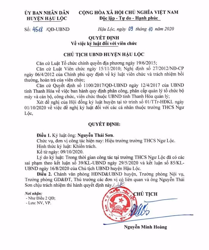 Quyết định kỷ luật đối với ông Nguyễn Thái Sơn. Ảnh: LC