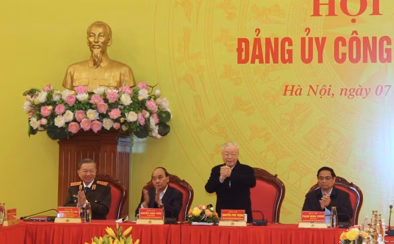 Tổng Bí thư Nguyễn Phú Trọng, Ủy viên Bộ Chính trị, Ủy viên Ban Thường vụ Đảng ủy Công an Trung ương dự và phát biểu chỉ đạo Hội nghị.