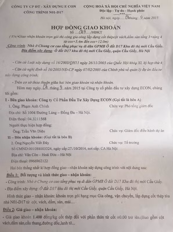 Hợp đồng giao khoán giữa Công ty ECON và ông Nguyễn Viết Đây do ông Phạm Anh Chính, bây giờ là Tổng giám đốc công ty ký. Ảnh Trần Việt.
