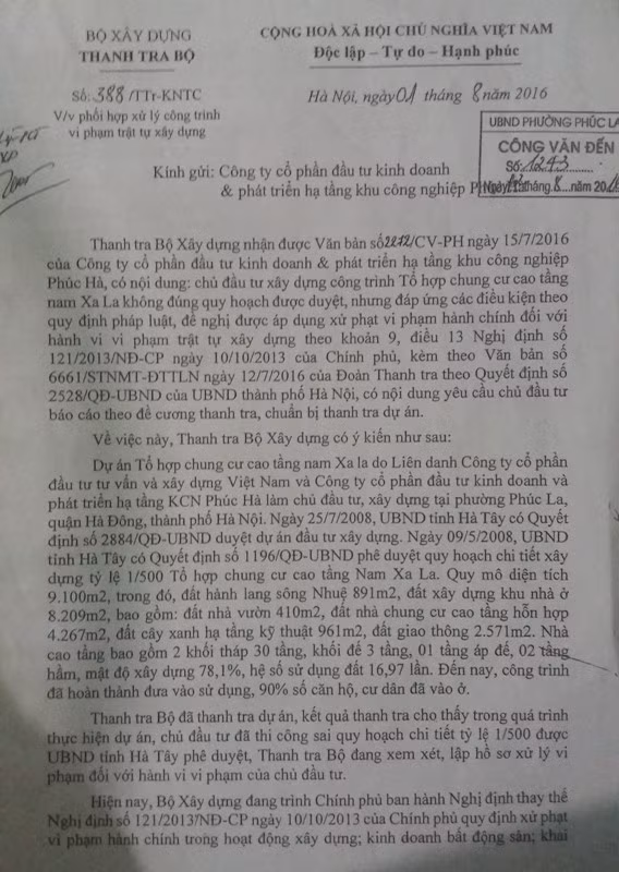 Văn bản của Thanh tra Bộ Xây dựng gửi Công ty Phúc Hà về việc phối hợp xử lý công trình vi phạm trật tự xây dựng